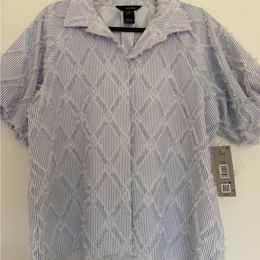 Ali Miles Light Blue Patterned Button Down Shirt … - image 1